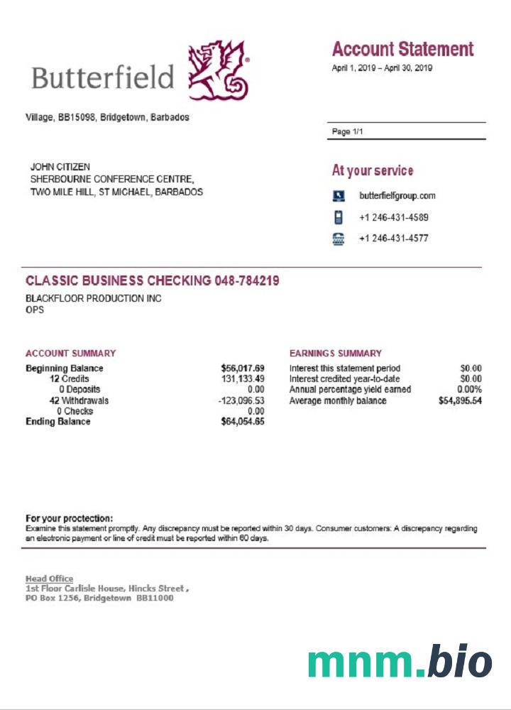 Wyciąg bankowy Barbados Butterfield łatwy do wypełnienia szablon .xls i .format pliku pdf